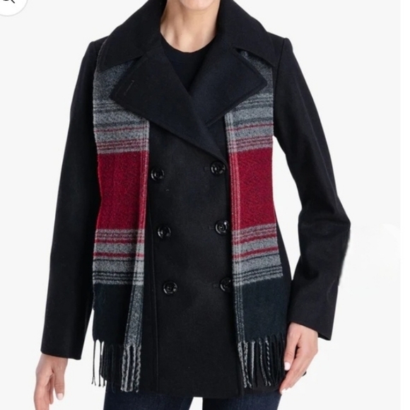 🆕London Fog Med Double-Breasted Wool Blend Peacoat w/Coordinating Fringed Scarf - Picture 2 of 3